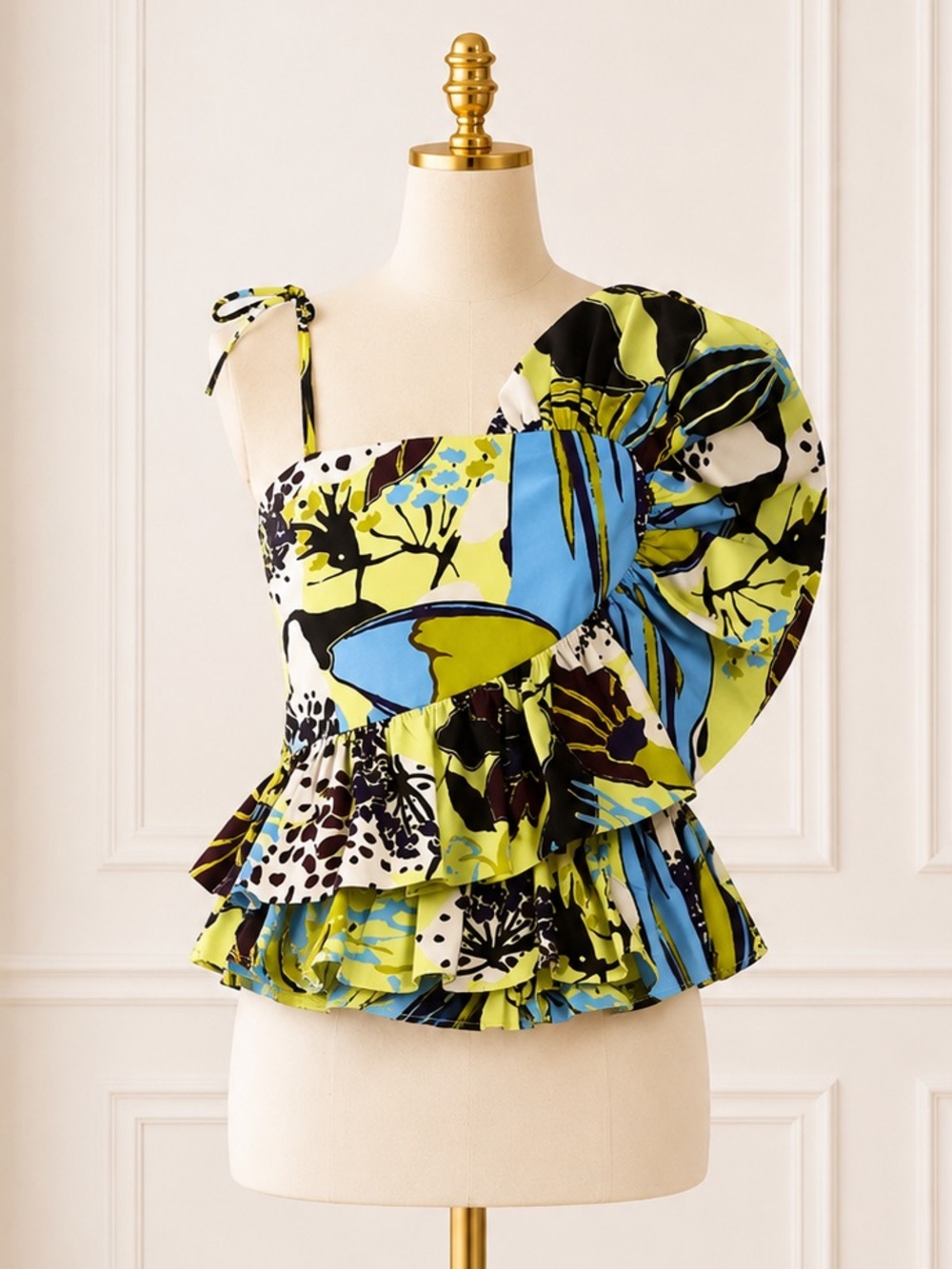 NWT Tanya Taylor Abstract Floral One Shoulder Peplum Blouse Sz 8